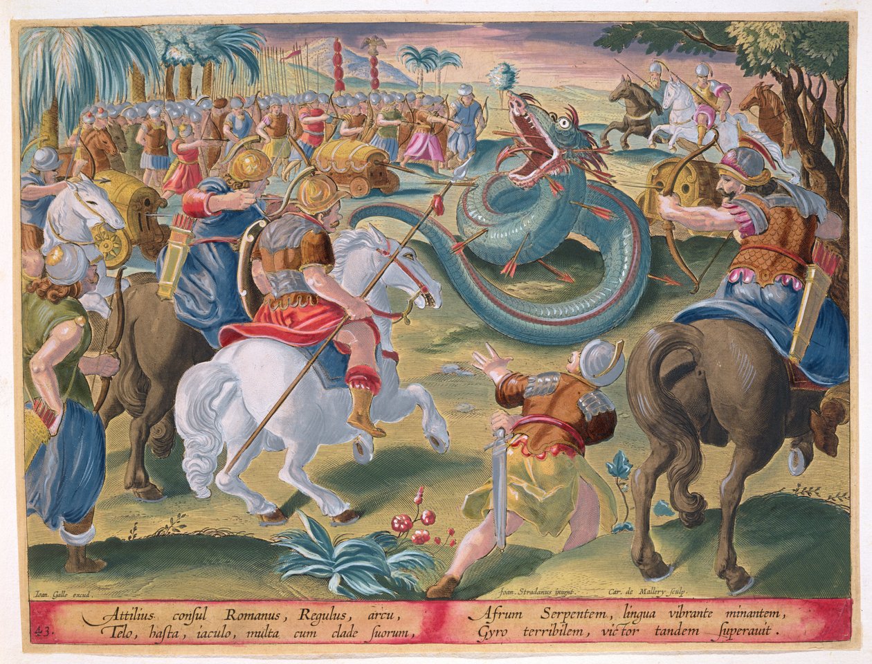 Římský konzul Atilius podmaňuje afrického hada, deska 42 z „Venationes Ferarum, Avium, Piscium“ (Lovu: Divoká zvířata, ptáci, ryby), vyrytý Janem Collaertem (1566-1628) vydaný Philli od Jan van der Straet