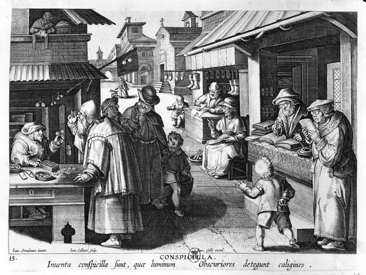 Prodejce brýlí, vyrytý Jan Collaert a Joan Galle (1600-76) od Jan van der Straet