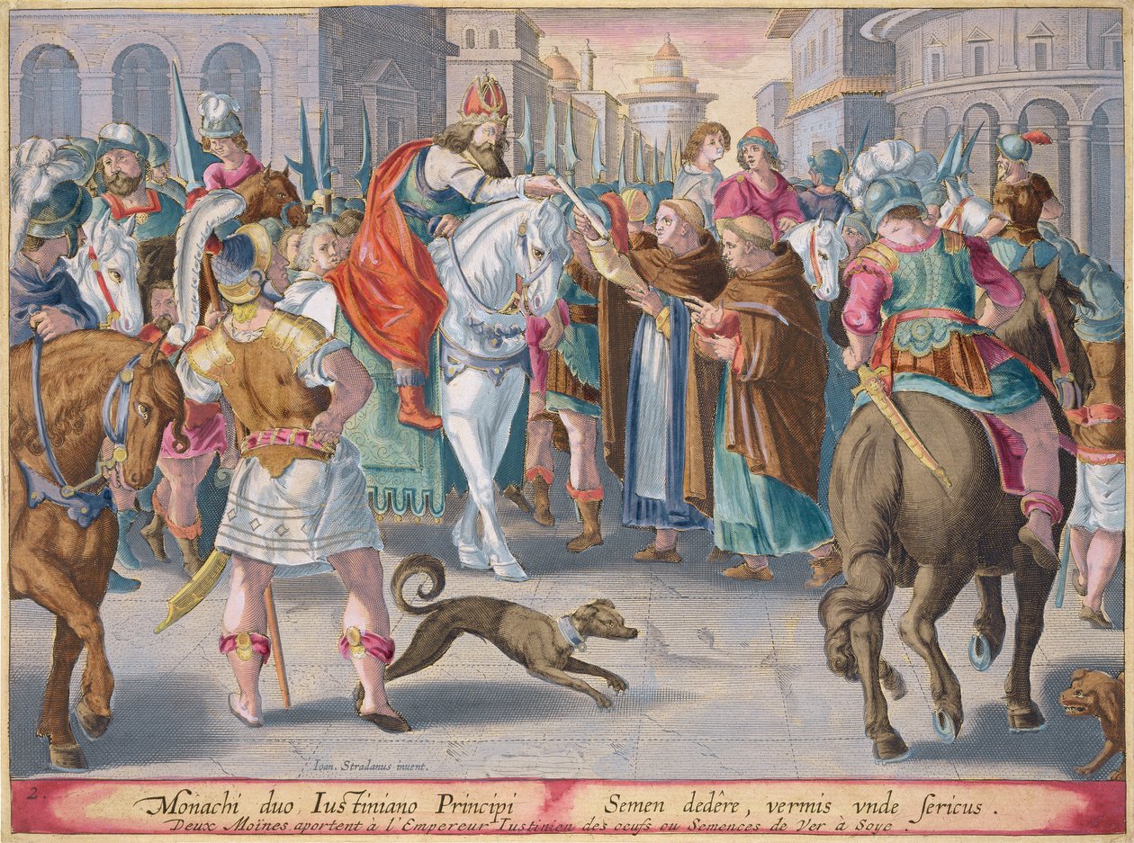 Dva mniši předkládají císaři Justiniánovi hedvábníky pašované z Číny, deska 2 z knihy "Vermis Sericus" (Hedvábník), kterou vyryl Philip Galle (1537-1612) od Jan van der Straet