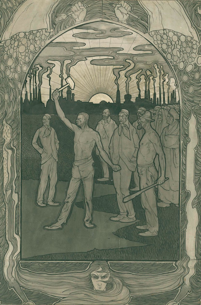 Tovární dělníci stojí pevně spojeni, 1900 (pero na papíře) od Jan van der Vaardt