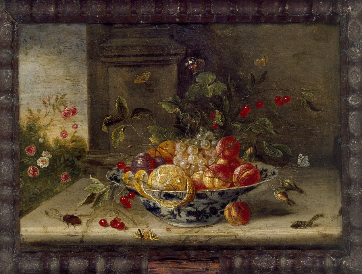 Dekorativní kompozice zátiší s porcelánovou miskou, ovocem a hmyzem (olej na mědi) od Jan van Kessel the Elder