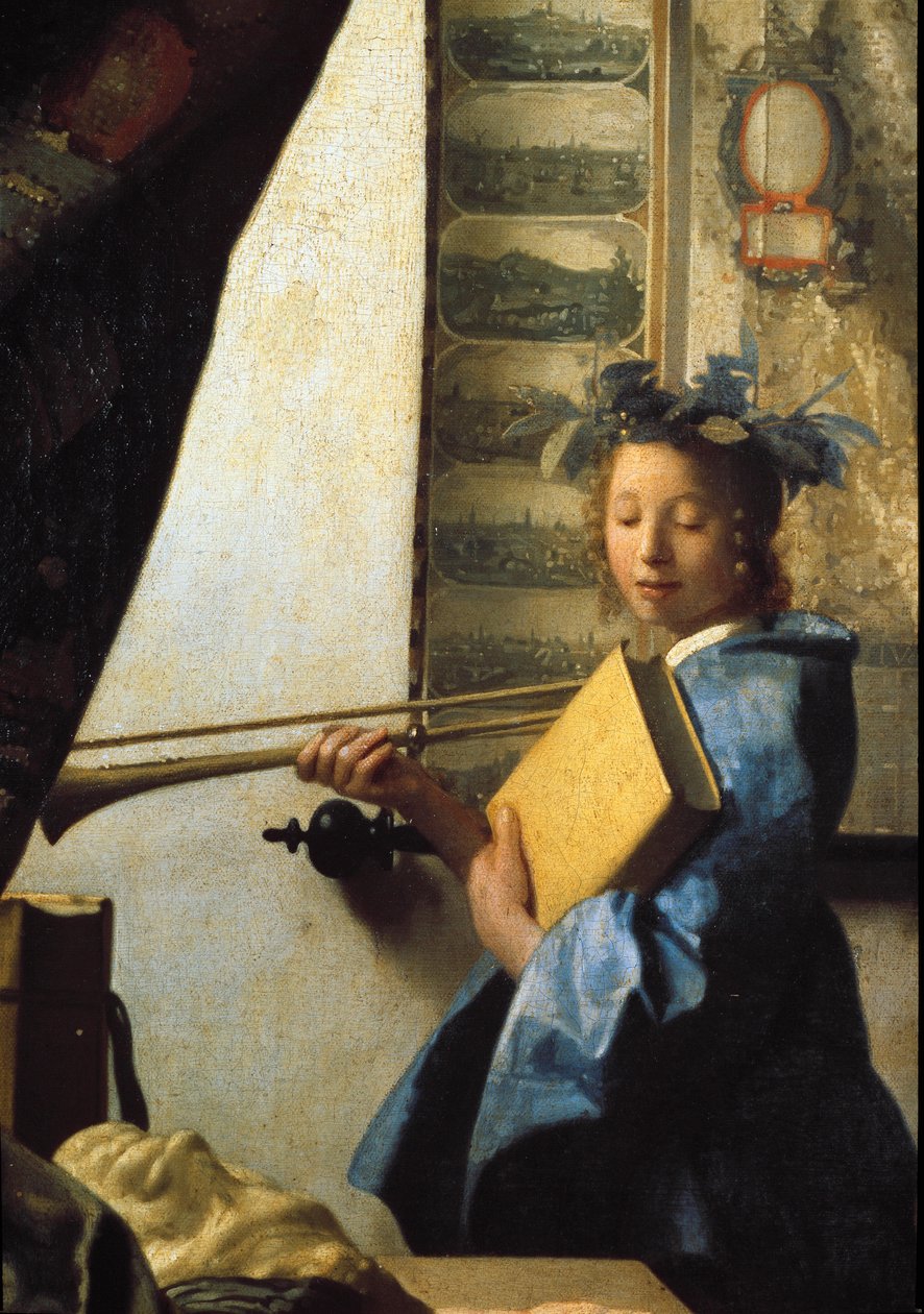 Umění malby aneb malířská dílna. Detail modelu pózuje pro malíře. 1665 (olej na plátně) od Johannes Vermeer