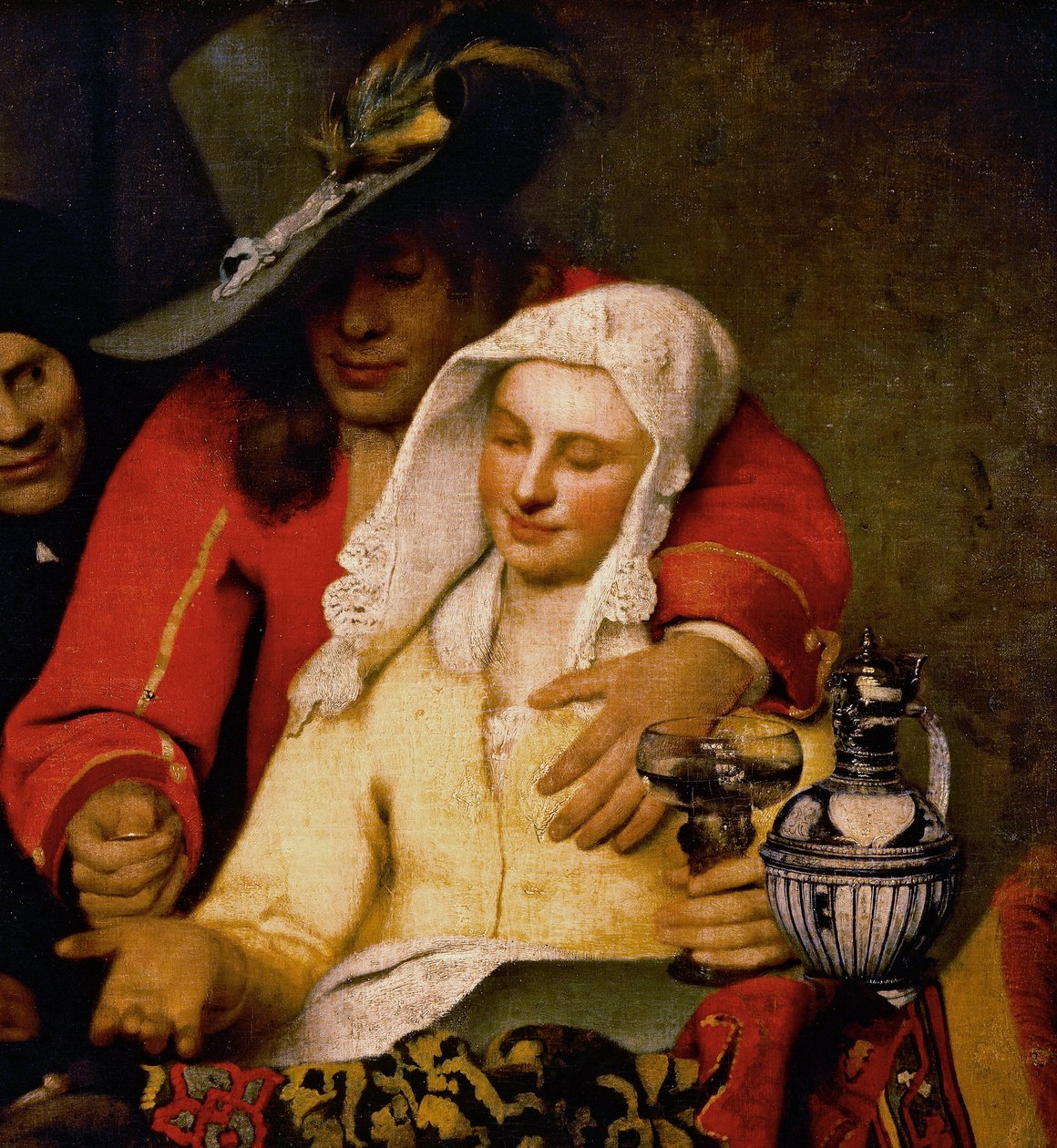 Muž podává ženě minci a dotýká se jejího ňadra, detail z The Procuress od Johannes Vermeer