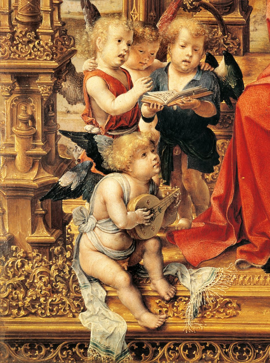 Andělé hrající na hudební nástroje, detail z centrálního panelu Malvernského triptychu od Jan (c.1472 c.1533) Gossaert