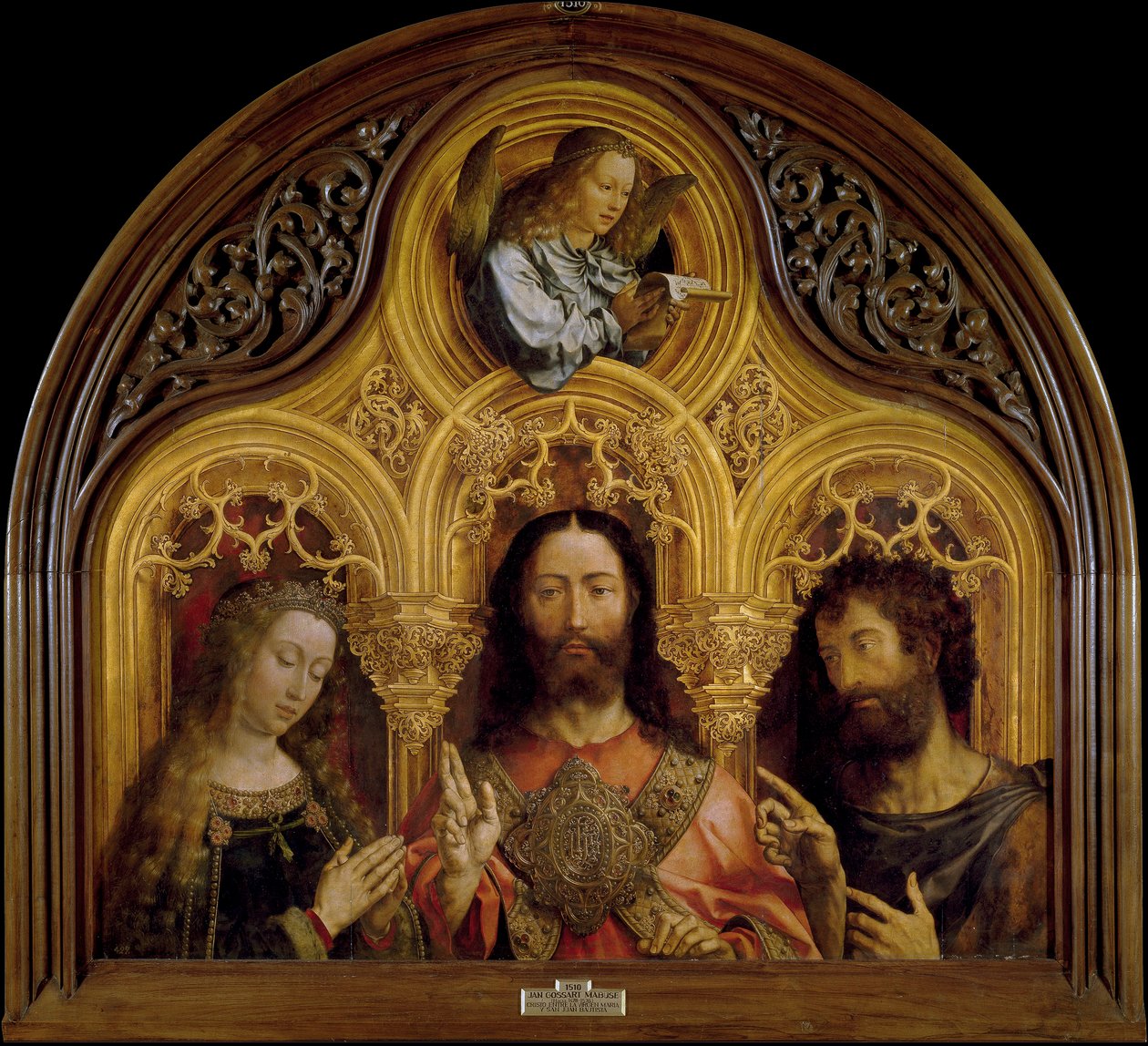 Kristus mezi Pannou Marií a svatým Janem Křtitelem - Peinture de Jan Gossaert (Gossart) dit Mabuse (asi 1478-1532) - 1510-1515 - Olej na dřevě - 122x133 - Museo del Prado, Madrid od Jan (c.1472 c.1533) Gossaert