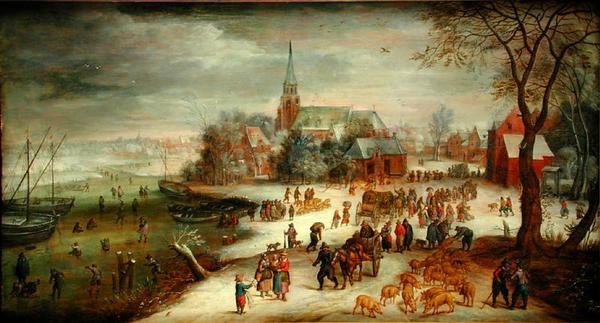 Pohled na Shelle a řeku Scheldt v zimě s trhem a bruslaři od Jan (follower of) Brueghel
