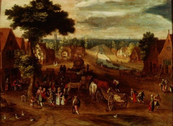 Vesnice s cestovateli mimo hostinec od Jan (follower of) Brueghel