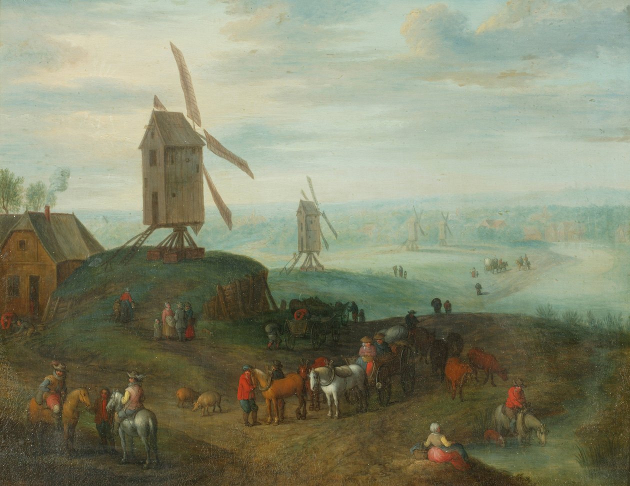 Krajina s větrnými mlýny (olej na mědi) od Jan (follower of) Brueghel