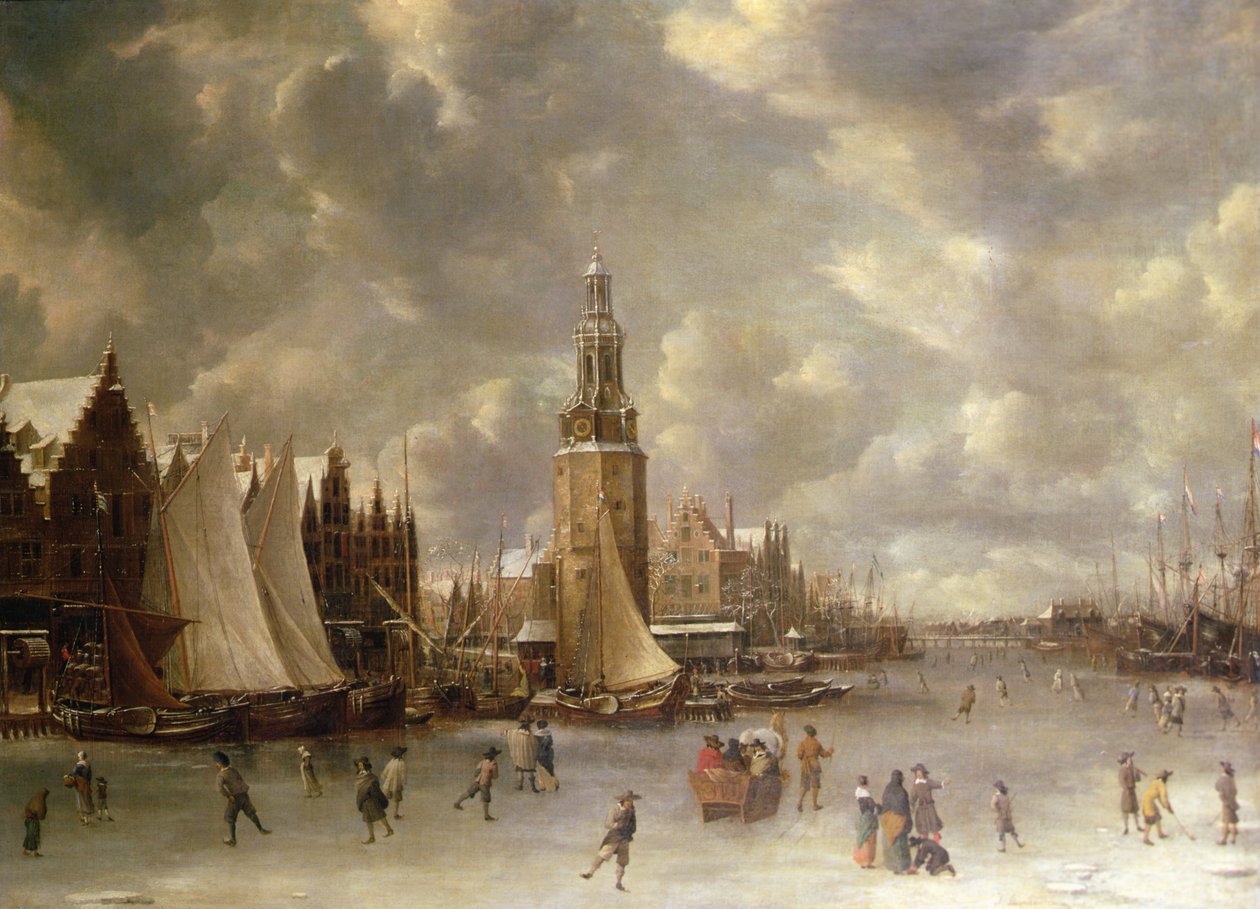 Zimní krajina s Montelbaanstoren, Amsterdam (olej na plátně) od Jan Abrahamsz. Beerstraaten