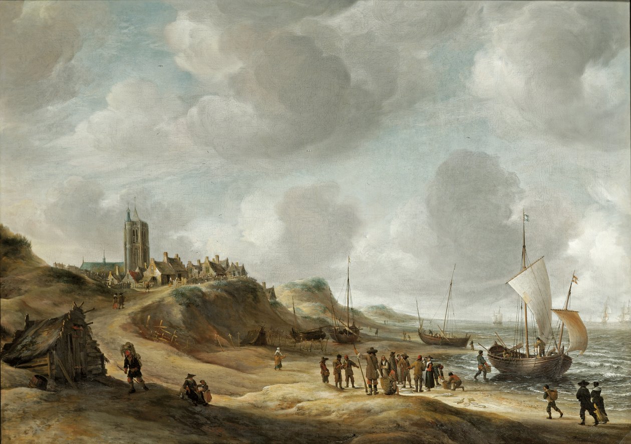 Pohled na Egmond aan Zee s rybáři na pláži a lodní dopravou na moři od Jan Abrahamsz. Beerstraten