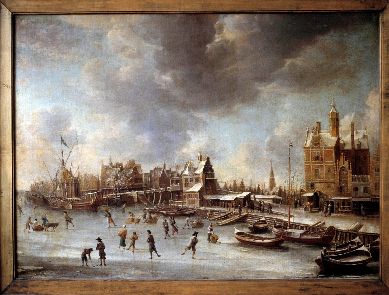 Zimní krajina. Bruslaři na zamrzlém jezeře. Obraz od Burstatena (1622-1666) 17. stol. Berlín, Státní muzeum od Jan Abrahamsz. Beerstraten