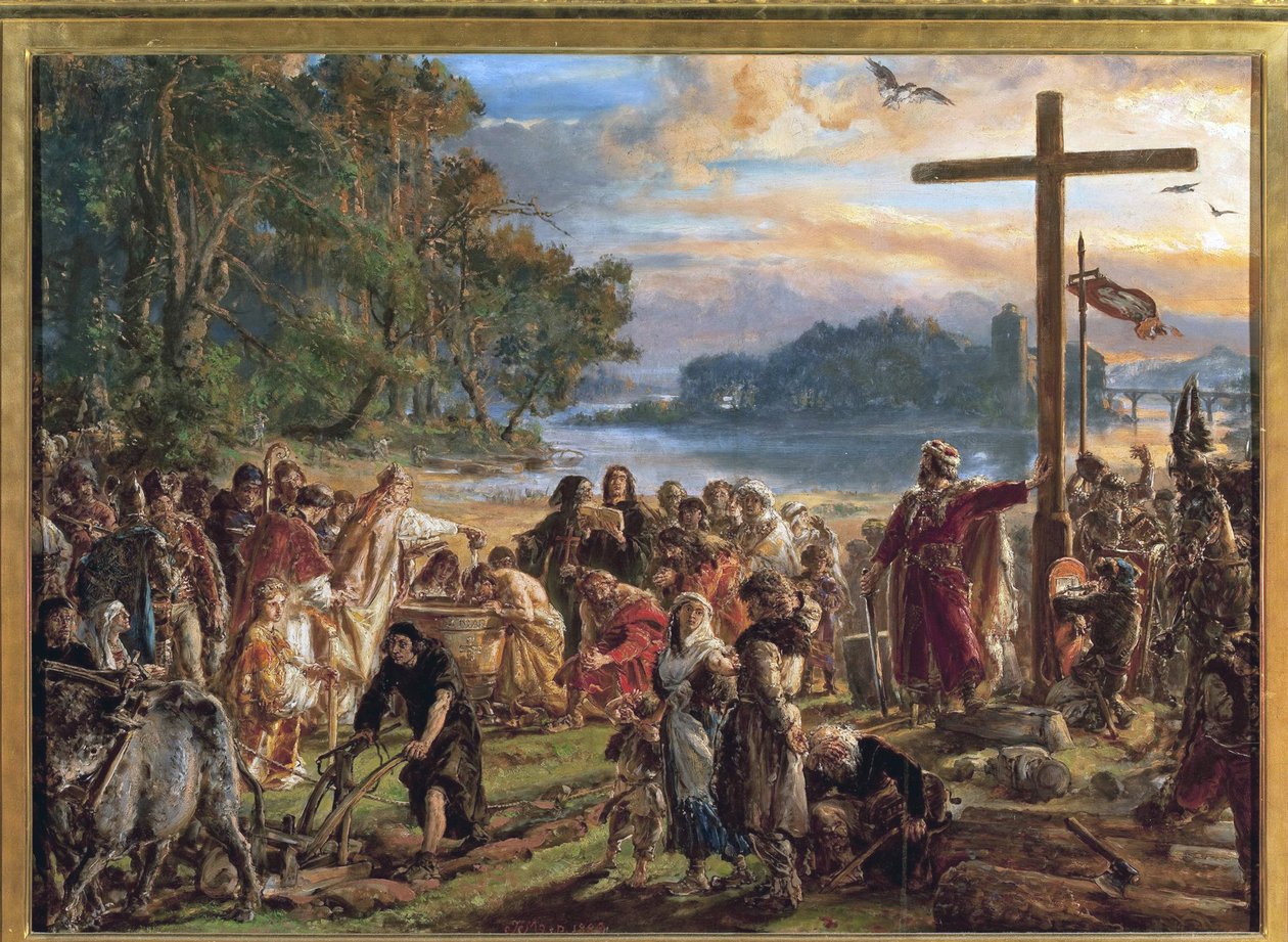 La chhristiannisation de la Pologne, 966 - christianizace Polska, 966. Z cyklu Dějiny civilizace v Polsku od Matejka, Jana Alojzyho (1838-1893). Olej na dřevě od Jan Alojzy Matejko