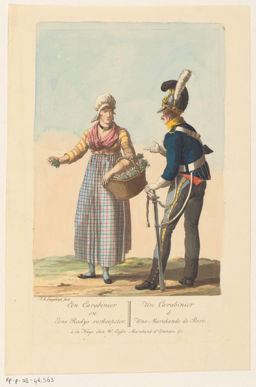 Voják kavalérie a prodavač ředkviček Carabinier and a Radys Saleswoman / Un Carabinier & Une Marchande de Rave (název na objektu) od Jan Anthonie Langendijk Dzn