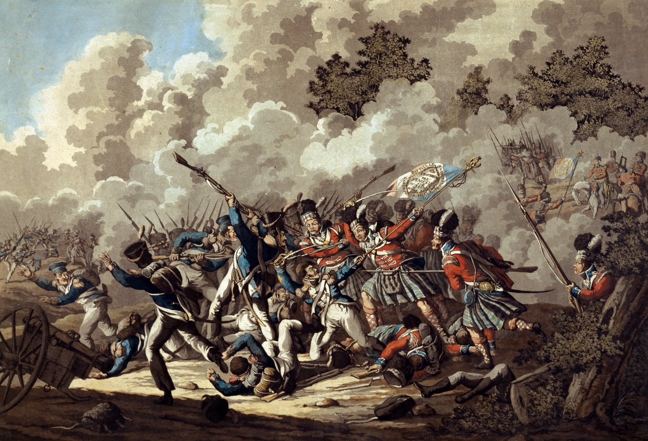 Porážka francouzské gardy Highlanders, La Haye Sainte, během bitvy u Waterloo, 1815 (barevná akvatinta) od Jan Anthonie Langendyk