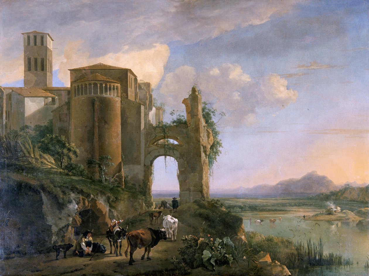 „Řeční krajina s kostelem SS Giovanni e Paolo, Řím“, cca 1630-1652 od Jan Asselijin