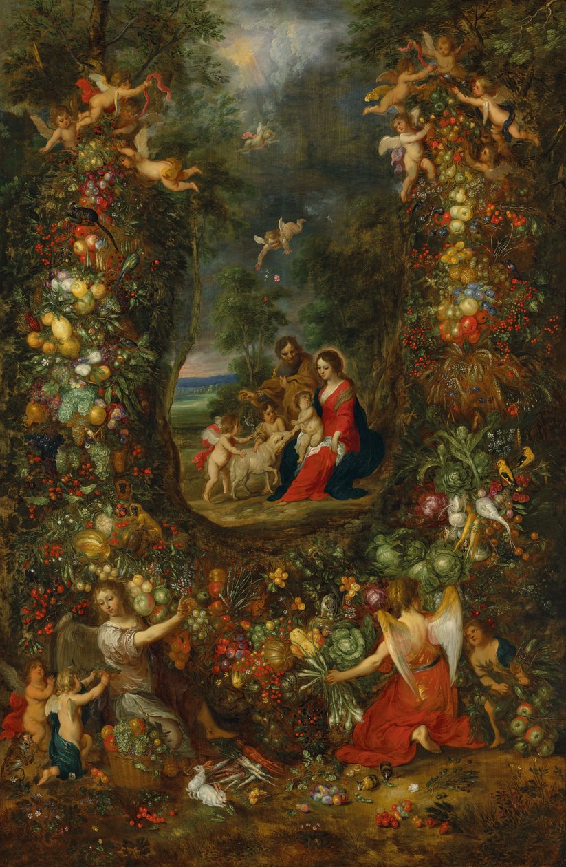 Svatá rodina obklopená girlandou z ovoce, kterou podpírají putti (olej na desce) od Jan & Balen Hendrik van (1575-1632) Brueghel