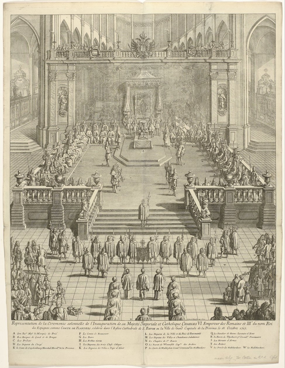 Inhuldiging van keizer Karel VI als graaf van Vlaanderen te Gent, 1717 Zastoupení na slavnostním ceremoniálu Inaugurace jeho císařského a katolického Veličenstva Karla VI. Císař Římanů a 3. král Španělska, jako hrabě Fland od Jan Baptist Berterham