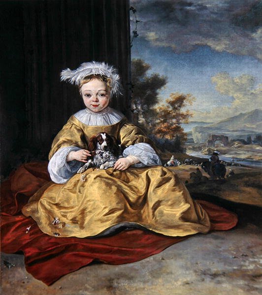 Dítě ve žlutých šatech drží psa (olej na plátně) od Jan Baptist Weenix