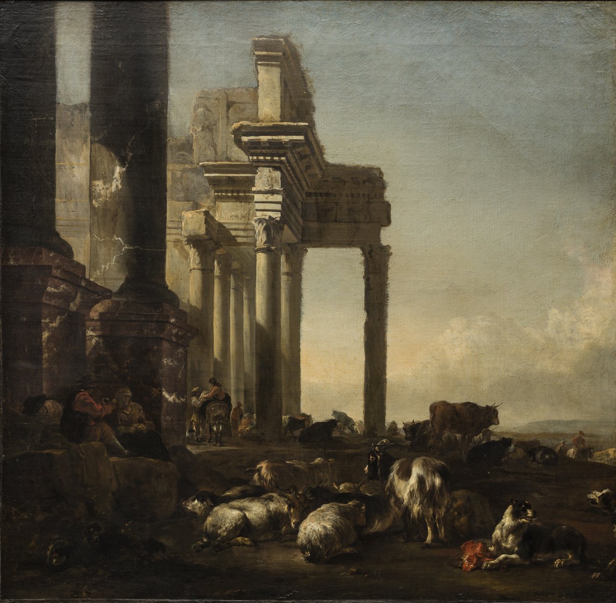 Italská krajina s rolníky, dobytkem a ovcemi u klasických ruin, cca 1650 (olej na plátně) od Jan Baptist Weenix