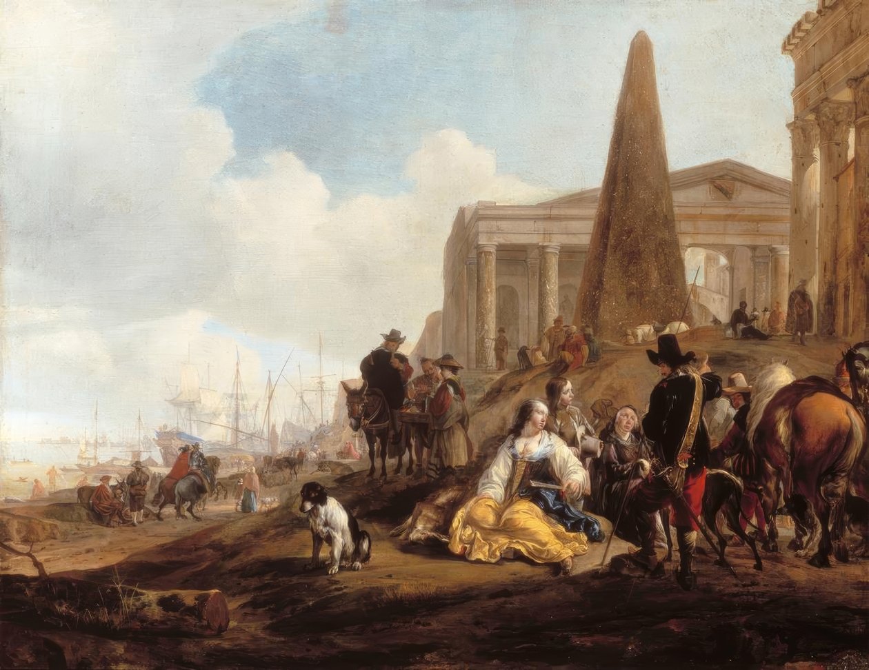 Scéna středomořského přístavu s postavami odpočívajícími před starověkými ruinami od Jan Baptist Weenix