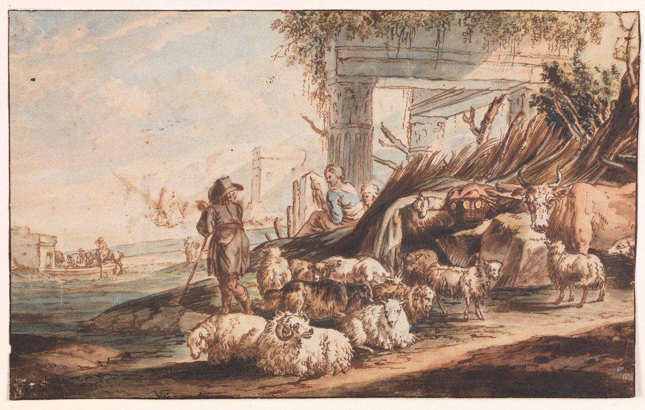 Pastýř se stádem ovcí a krávou mezi ruinami od Jan Baptist Weenix