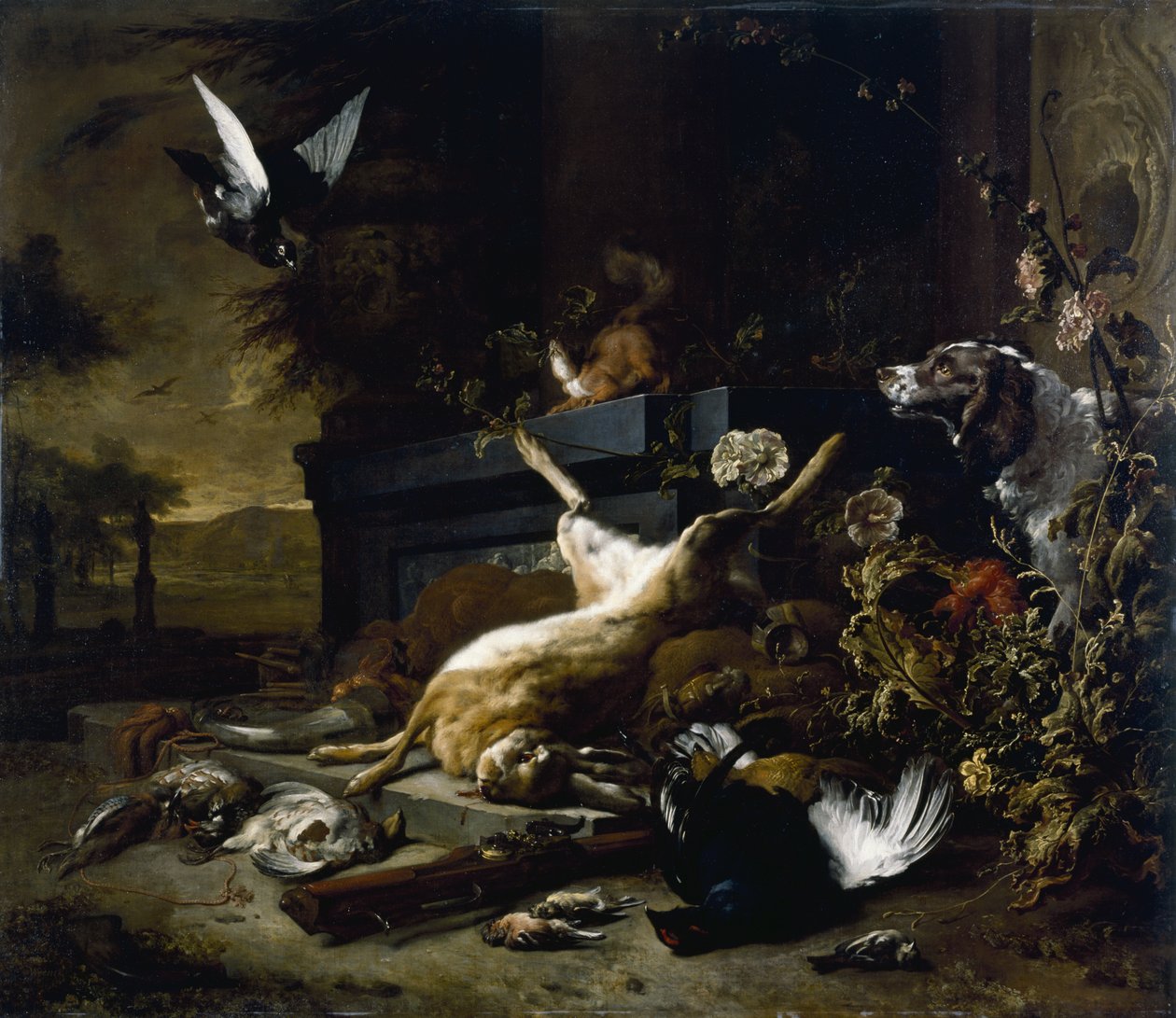 Still Life of Game včetně zajíce, tetřívka a koroptev, španěl, který se dívá s holubem v letu, c. 1680 od Jan Baptist Weenix
