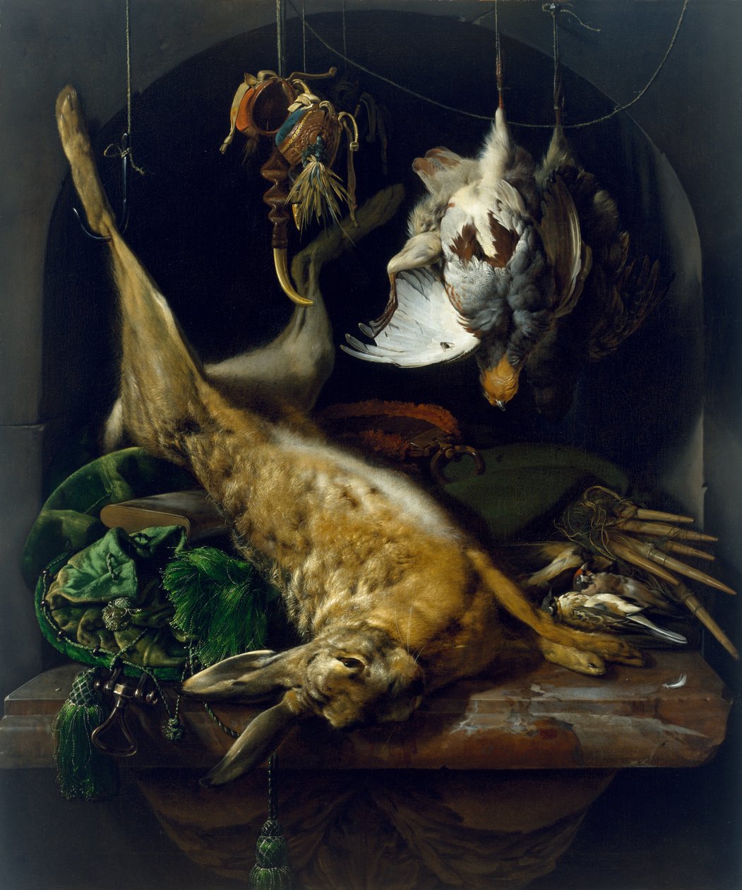 Zátiší s mrtvým zajícem, koroptvemi a jinými ptáky ve výklenku, c.1675 od Jan Baptist Weenix