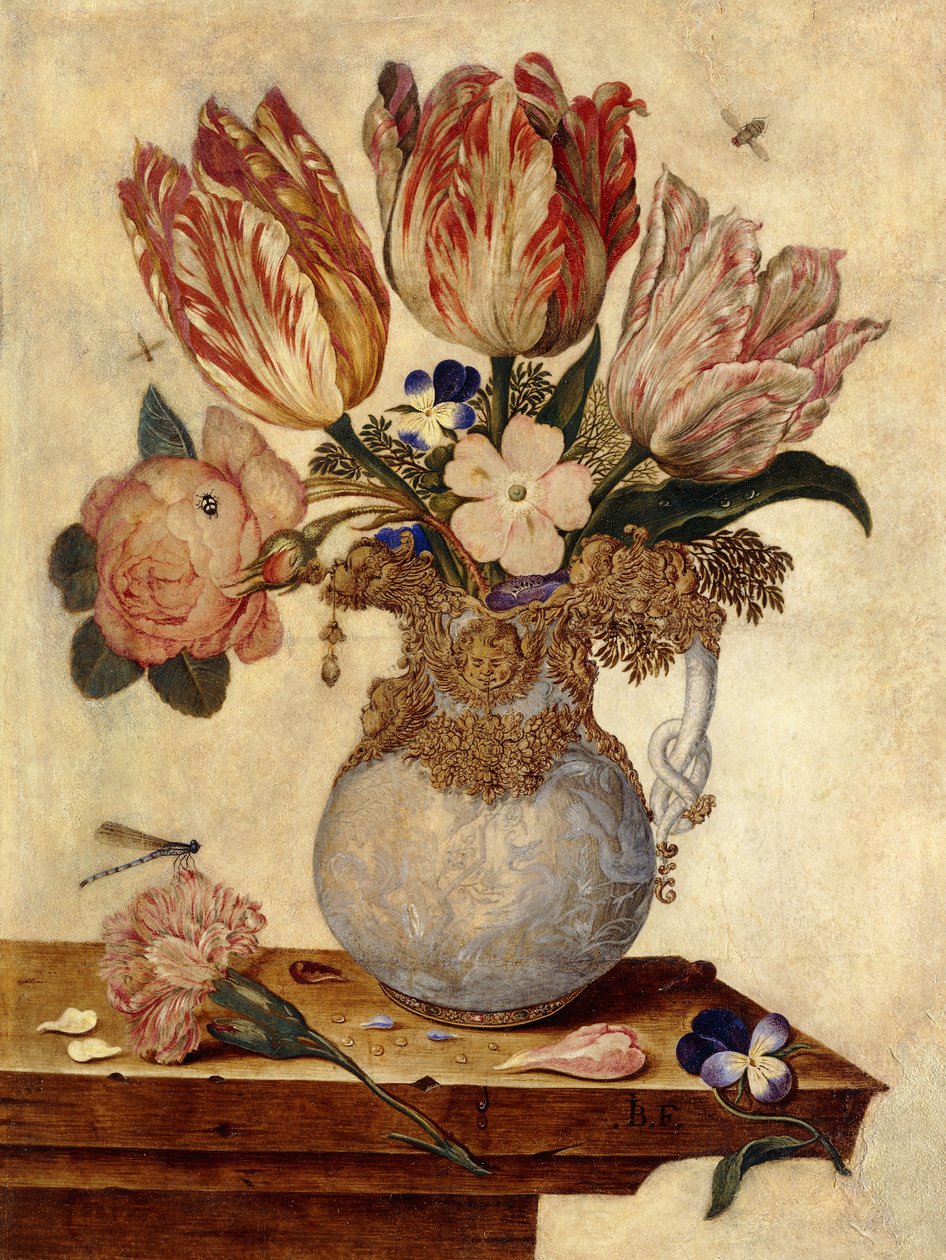 Tulipány, pomněnky, pivoňky a další květiny ve váze na římse, od Jan Baptist van Fornenburgh