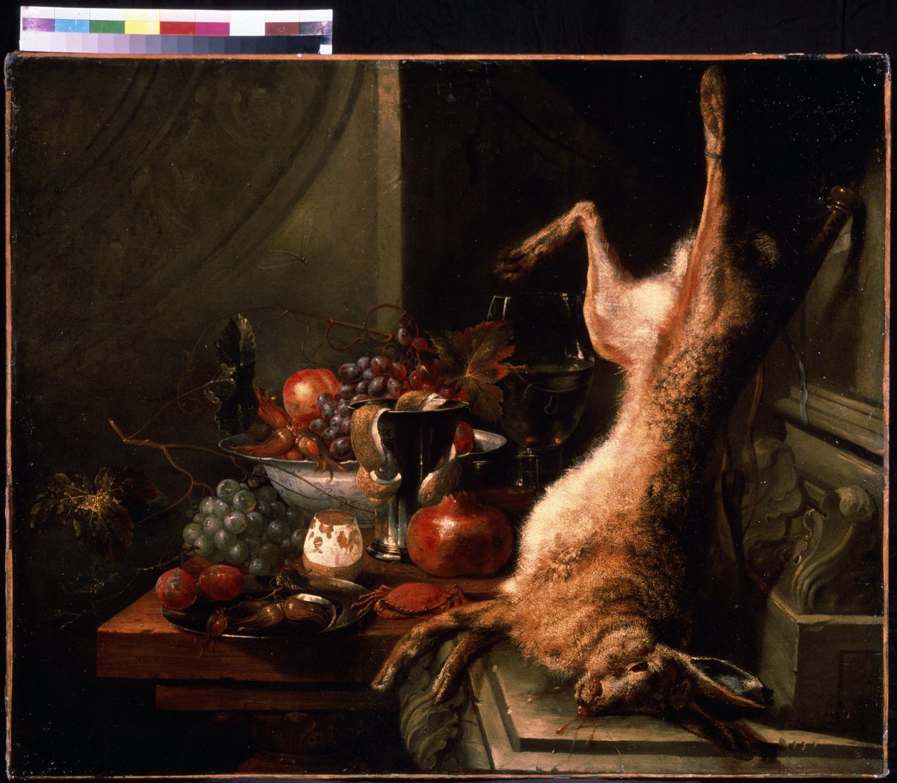 Zátiší se zajícem. Krabí zátiší s lískovými oříšky a citronem s oloupanou kůží (kůrou). Obraz Jana Baptista van Moerkerke (1660-1689). Olej na plátně, vlámské umění. Puškinovo muzeum výtvarných umění, Moskva od Jan Baptiste van Moerkerke