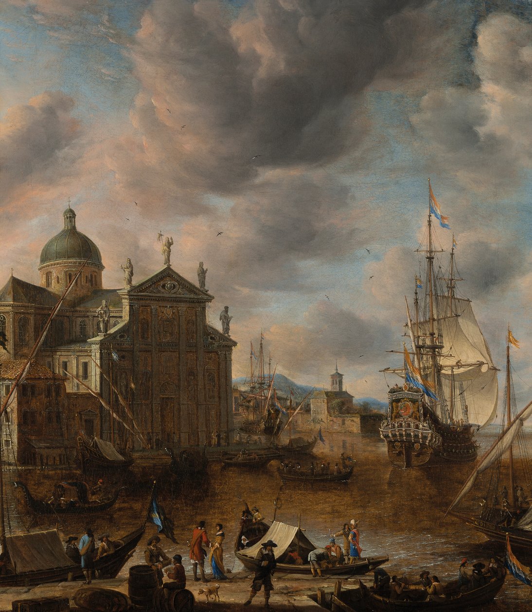 Středomořský přístav „capriccio“ s postavami konverzujícími na nábřeží a kotvištěm holandských tří pánů za ním, 1665 od Jan Beerstraten