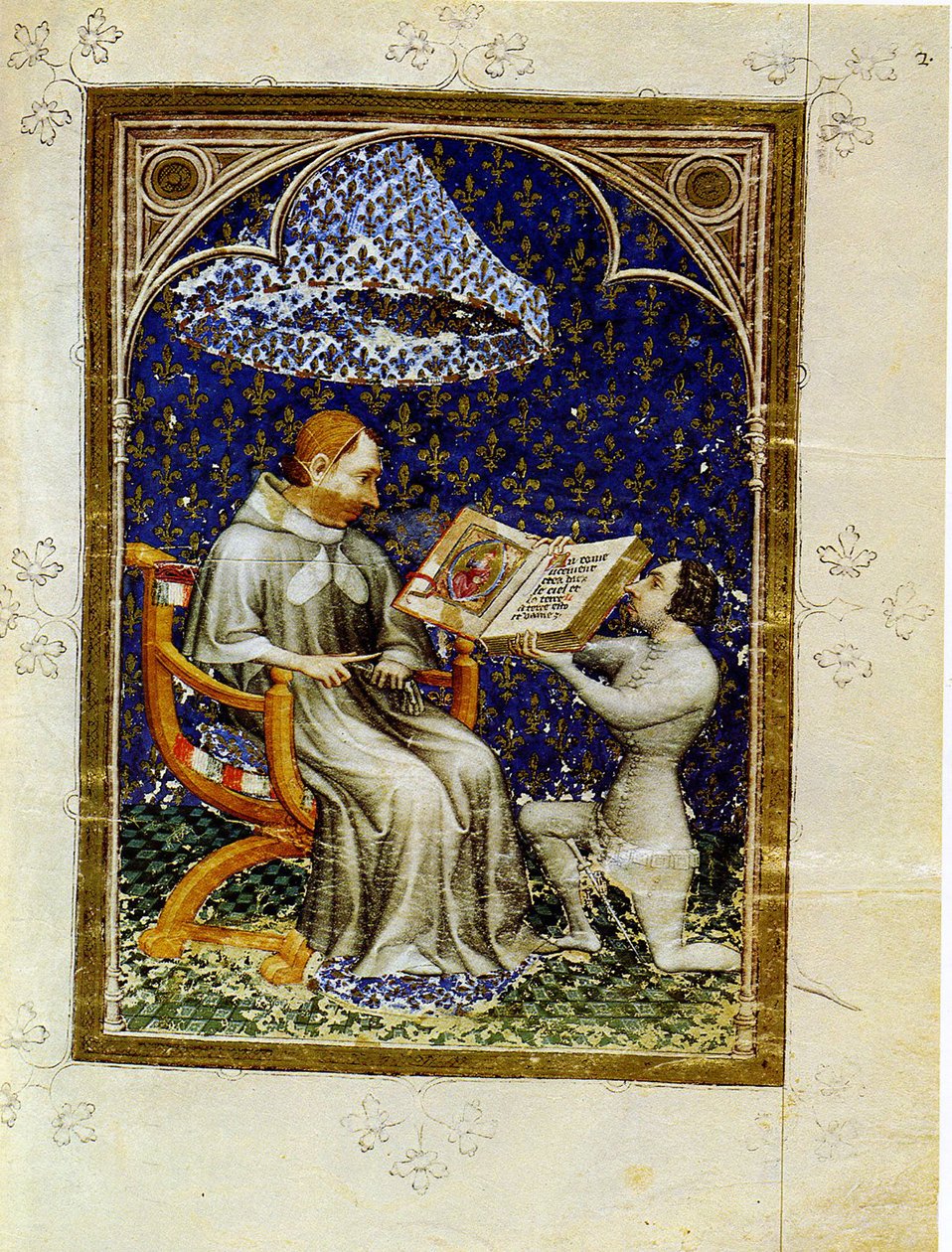 Jean de Vaudetar daruje knihu Karlu V. z Francie. Z Bible historiale Jean de Vaudetar, 1372 od Jan Bondol