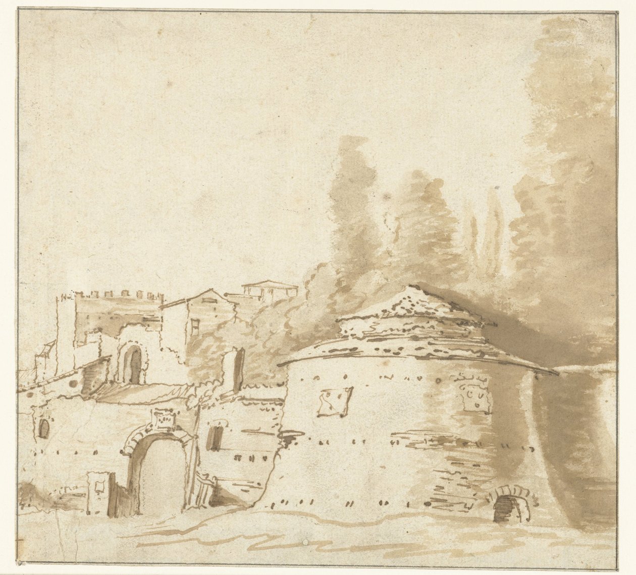 Italská budova s ​​těžkou kulatou věží od Jan Both (attributed to)