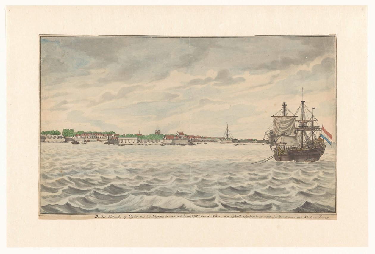 Město Colombo na Cejlonu při pohledu od severu v roce 1785 od Silnic se zbořeným kostelem a věží, které byly přestavěny. (název na objektu) od Jan Brandes (signed by artist)