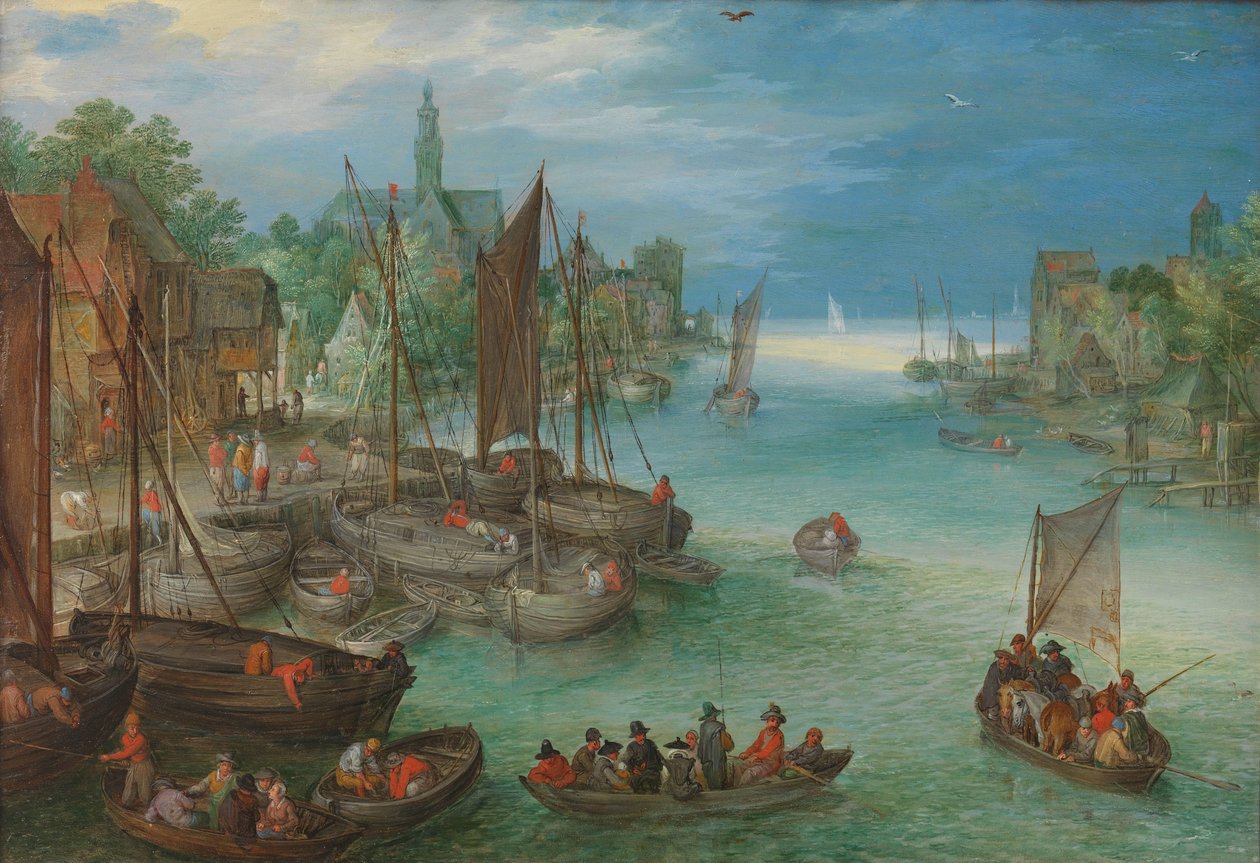Pohled na město podél řeky Pohled na město na řece od Jan Brueghel (I) (attributed to)