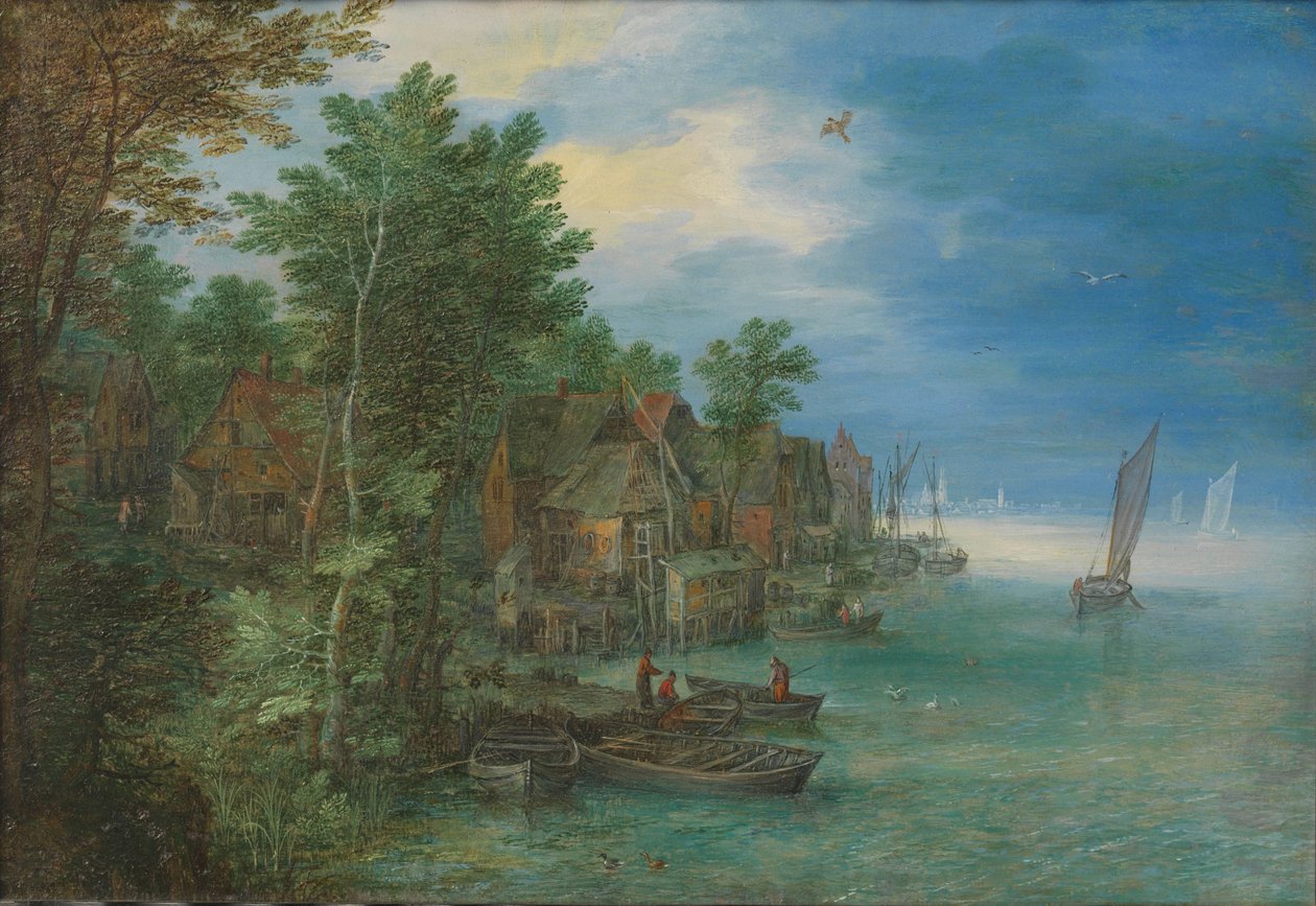 Pohled na vesnici podél řeky Pohled na vesnici na řece od Jan Brueghel (I)