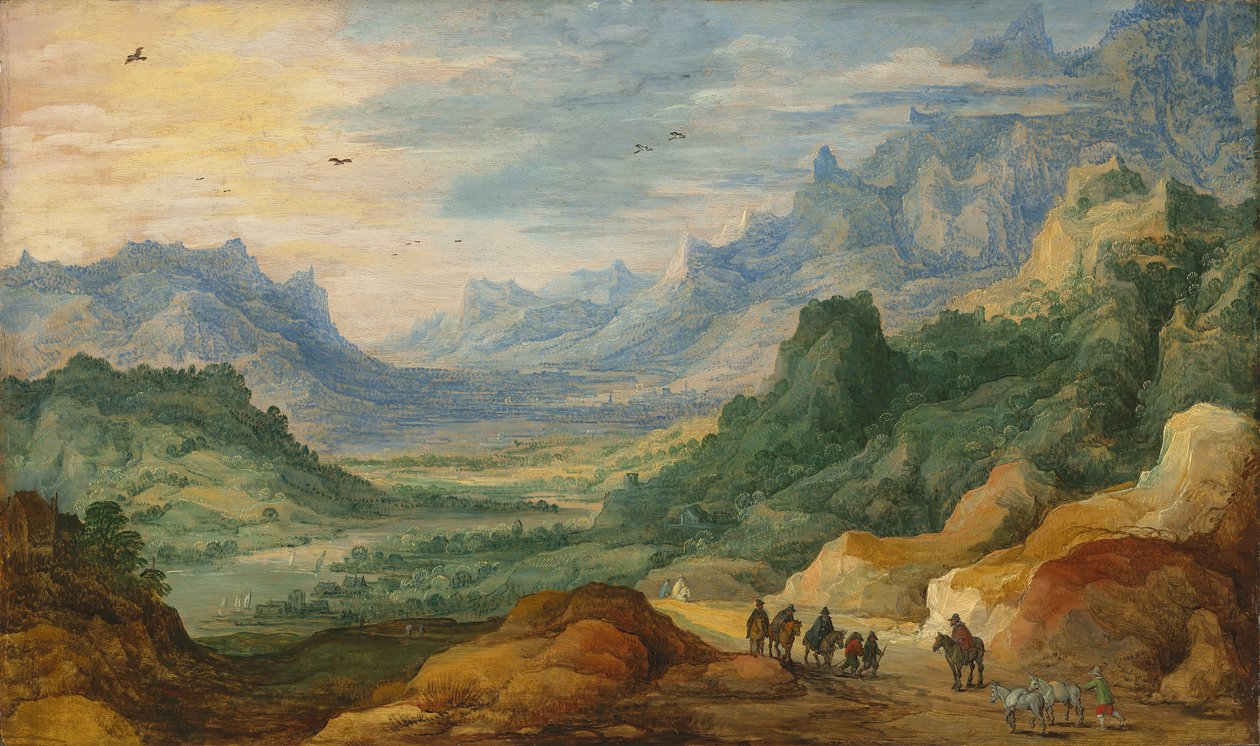 Hornatá krajina s cestovateli a pastevci na cestě od Jan Brueghel the Elder