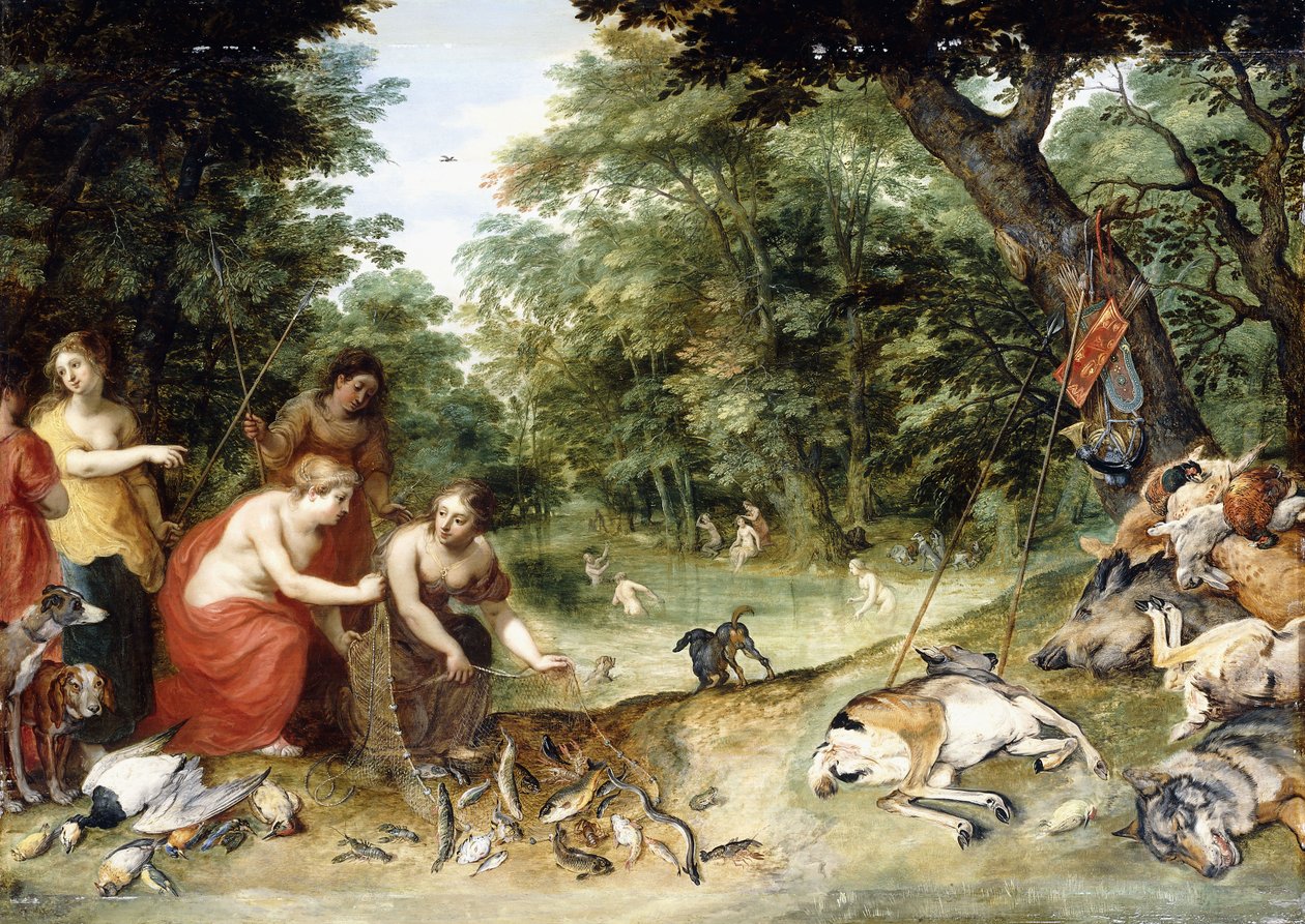 Alegorie živlů, Země, Vzduch a Voda: Nymfy koupající se na zalesněném mýtině s Trofejemi lovu poblíž, kolem roku 1621 od Jan Brueghel the Elder