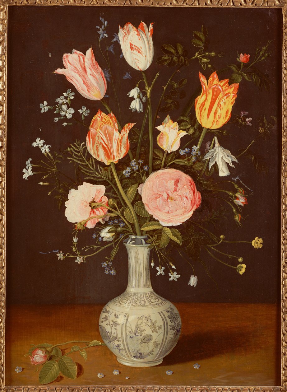 Tulipány, růže, pomněnky a další květiny v pozdně mingské modrobílé váze od Jan Brueghel the Elder