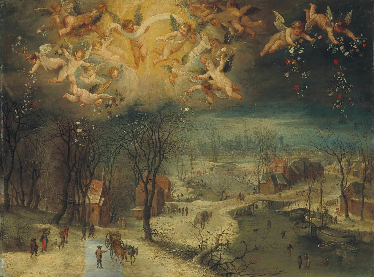 Zimní krajina s vesničany sbírajícími dřevo a bruslaři na zamrzlé řece..., První třetina 17 od Jan Brueghel the Elder