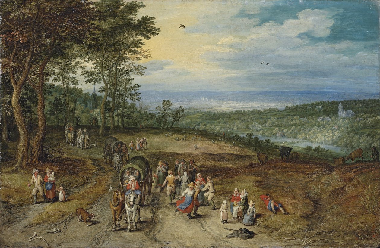 Rozsáhlá zalesněná krajina s pocestnými na trati a tančícími rolníky v popředí / Landscape with Travellers and Peasants on a Track (Krajina s pocestnými a rolníky na trati) od Jan Brueghel the Elder