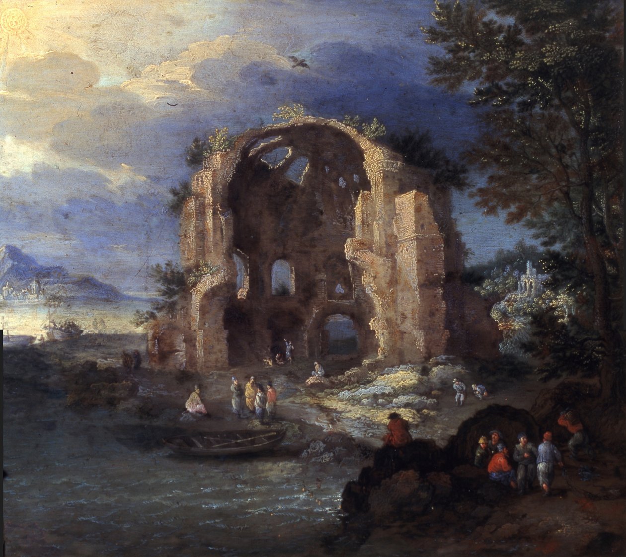 Pobřežní krajina s rybáři a ruinami chrámu Minerva Medica od Jan Brueghel the Elder