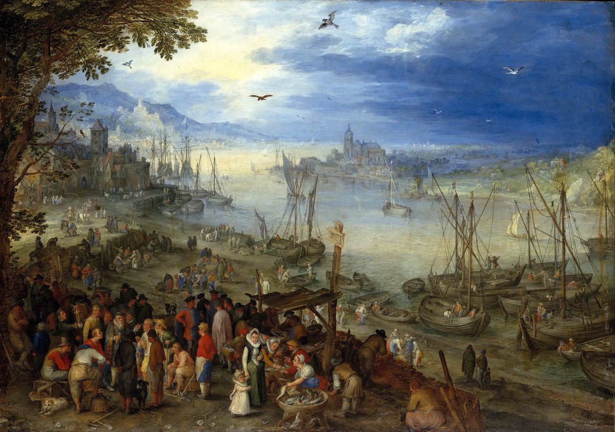 Německy: Fischmarkt am Ufer eines Flusses Rybí trh na břehu řeky od Jan Brueghel the Elder