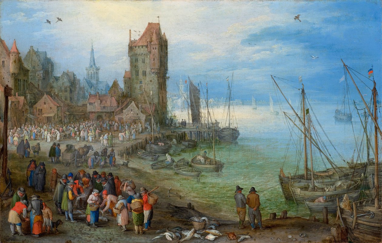 Přístavní scéna s rybím trhem od Jan Brueghel the Elder