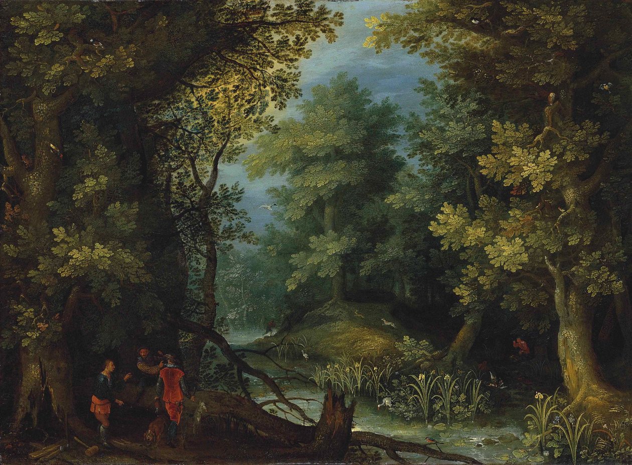 Lovci s loveckými psy u potoka v lesnaté krajině od Jan Brueghel the Elder