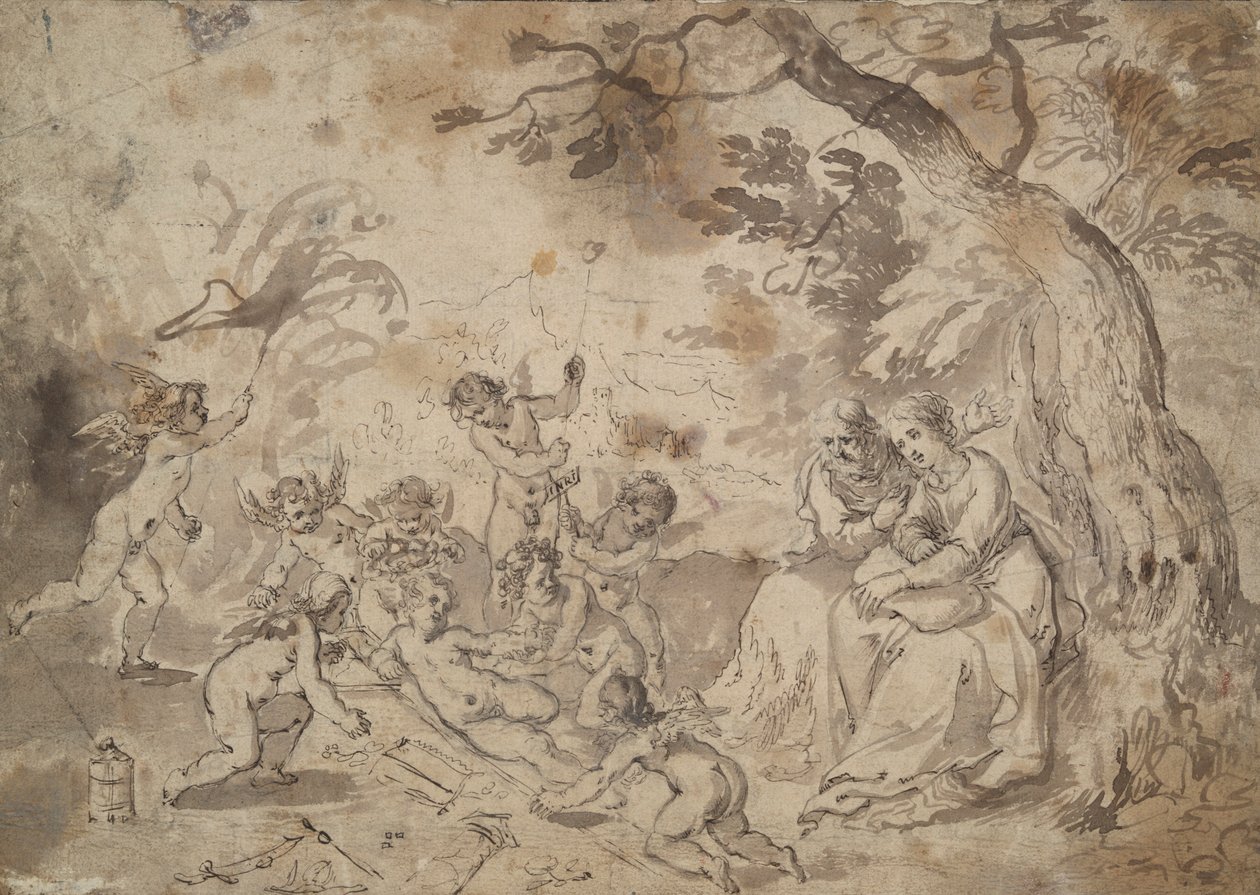 Panna Maria a svatý Josef a Ježíšek, svatý Jan a andělé hrající s nástroji umučení od Jan Brueghel the Elder
