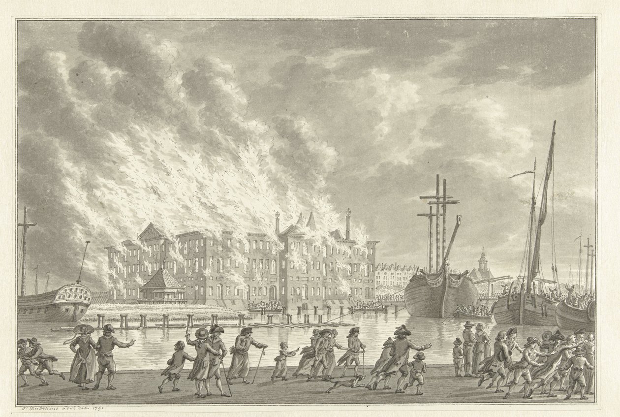 Požár v zemích Zeemagazijn, 1791 od Jan Bulthuis (signed by artist)