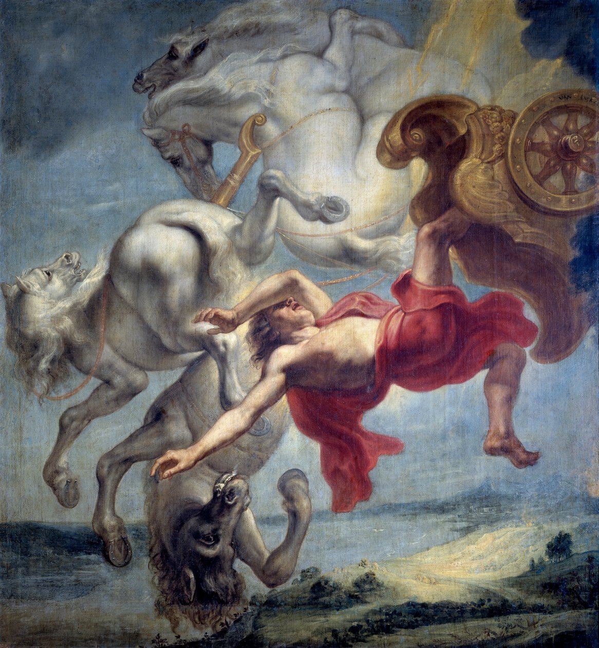 Phaetonův pád: Phaeton (Phaeton) není schopen ovládnout Héliův vůz, je sražen Zeusem a spadne do řeky Eridan (Pád Phaetonu) - obraz Jana Carela van Eycka (1649-cca 1690), olej na plátně, konec 17. století, Rozměr: 197x18 od Jan Carel van Eyck