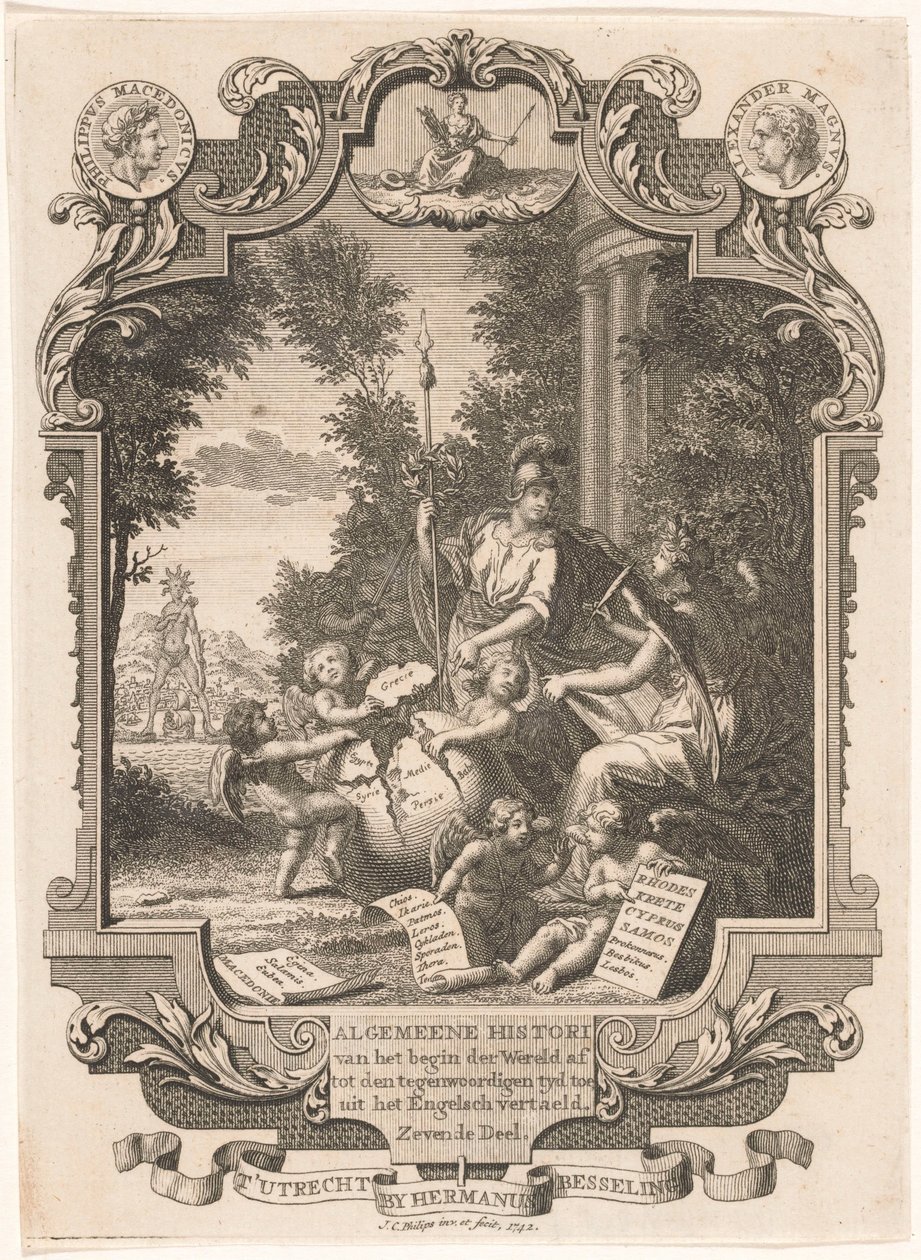 Kartuše s alegorií dějin Řecka Titulní strana pro: Kornelis Westerbaen, Algemeene histori, 1742 od Jan Caspar Philips