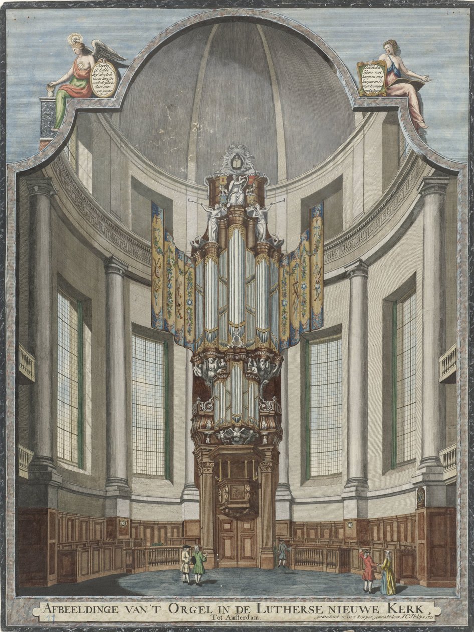 Varhany Nového luteránského kostela v Amsterdamu Obrázek varhan v luteránském Nieuwe Kerk, Tot Amsterdam (název na objektu) od Jan Caspar Philips