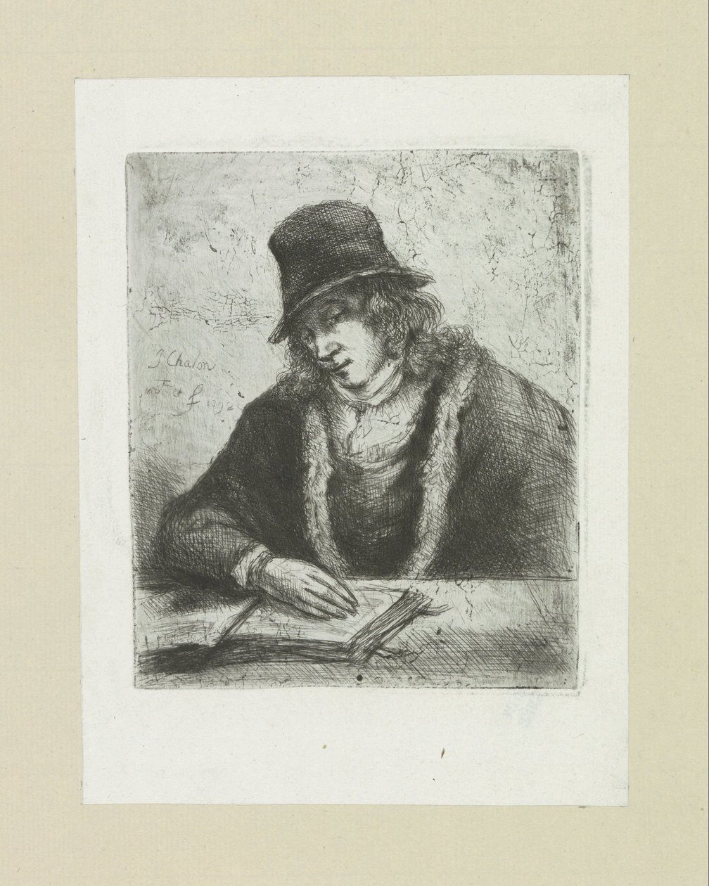 Lezende muž klade motyku The Compleat Work of Etchings od Johna Chalona / Oeuvre Complette des Eaux Fortes par Jean Chalon (název série) od Jan Chalon